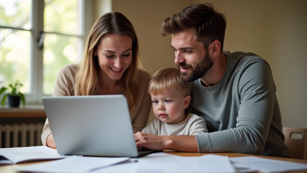 Familie sitzt gemeinsam am Laptop und schaut auf den Bildschirm mit Steuerdokumenten