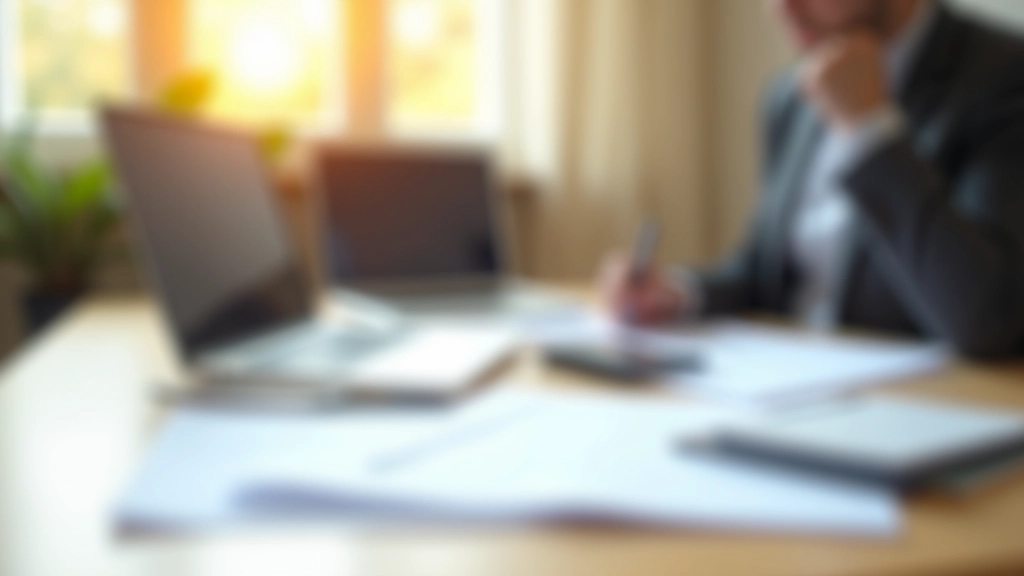 Schreibtisch mit modernem Laptop, Steuerdokumenten und Taschenrechner in ordentlicher Anordnung