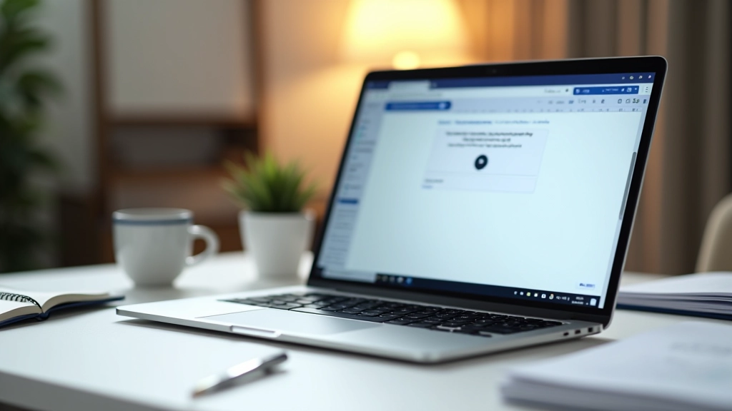 Laptop-Bildschirm zeigt ELSTER-Portal mit Upload-Fenster, Ordner mit eingescannten Dokumenten im Hintergrund