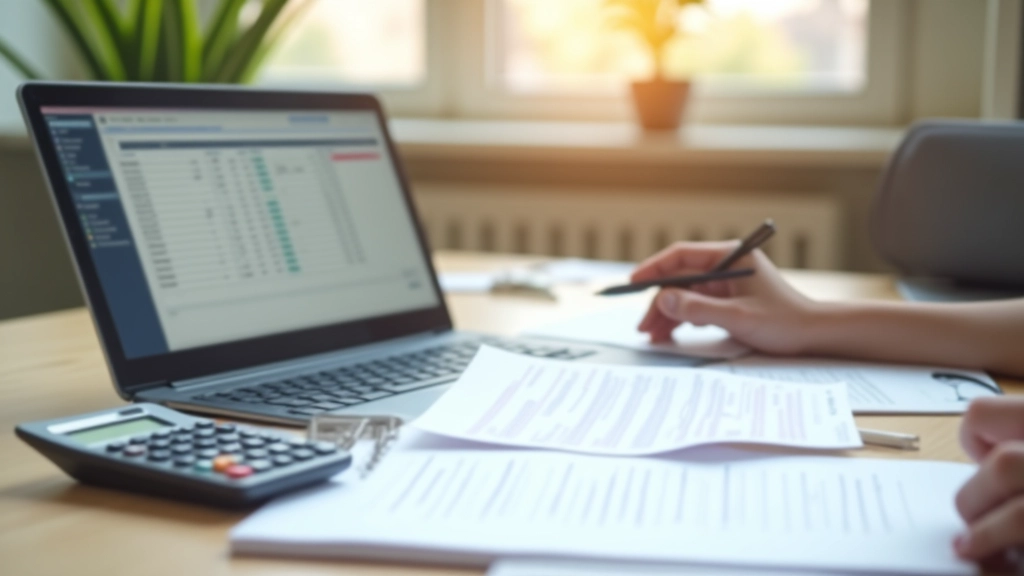Schreibtisch mit Laptop, Taschenrechner und Steuerdokumenten in ordentlicher Anordnung