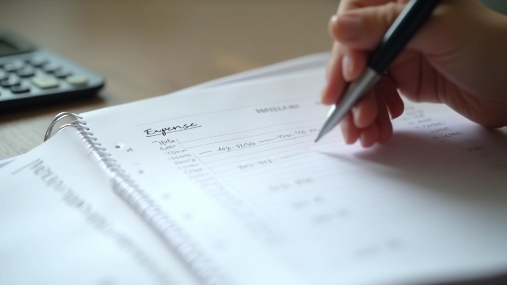 Excel-Tabelle oder Notizbuch mit organisierten Einträgen von Werbungskosten nach Kategorien, mit Summen und Datumsangaben