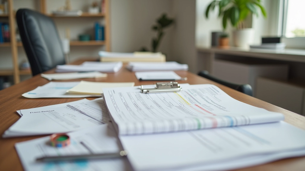 Organisiertes Ordnungssystem mit beschrifteten Ordnern für verschiedene Kategorien von Werbungskosten und Ausgabenbelegen