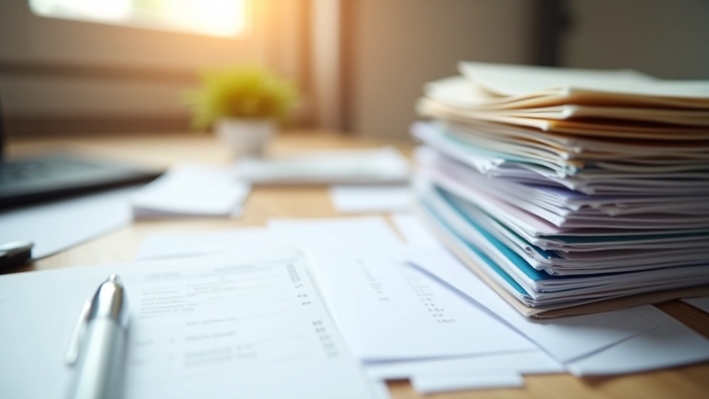 Organisierter Schreibtisch mit gestapelten Rechnungen, Ordnungsystem und Ordnern für verschiedene Leistungskategorien
