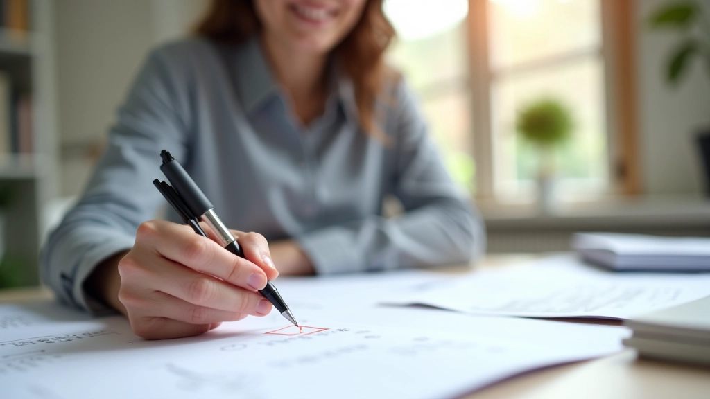 Person füllt Checkliste aus, umgeben von organisierten Dokumenten, Ordnern und Belegen nach Kategorien sortiert