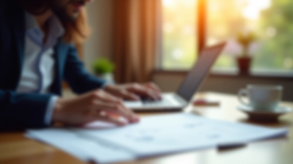 Person arbeitet an Laptop mit Steuerdokumenten und Kaffee am Schreibtisch