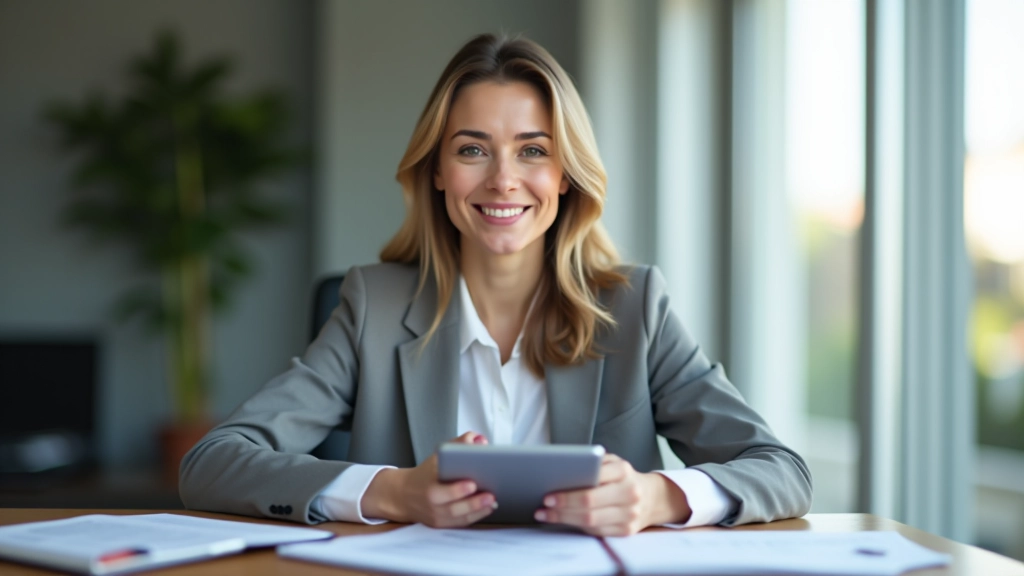 Frau am Schreibtisch mit Ordner voller Handwerkerrechnungen und digitalem Tablet zur Steuerverwaltung