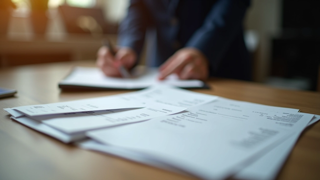 Person an Schreibtisch mit Rechnungen, Quittungen und Kategorisierungssystem für Werbungskosten